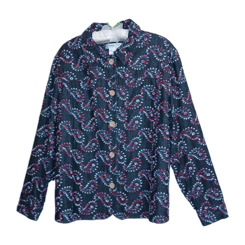 Coldwater Creek Women Embroidered Jacket XL Black Denim Cotton Paisley Patriotic